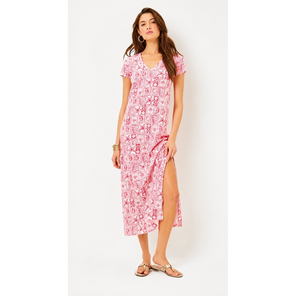 Lilly Pulitzer Etta Maxi Dress Womens XS Pink Nautical Pima‎ Cotton V-Neck Slit